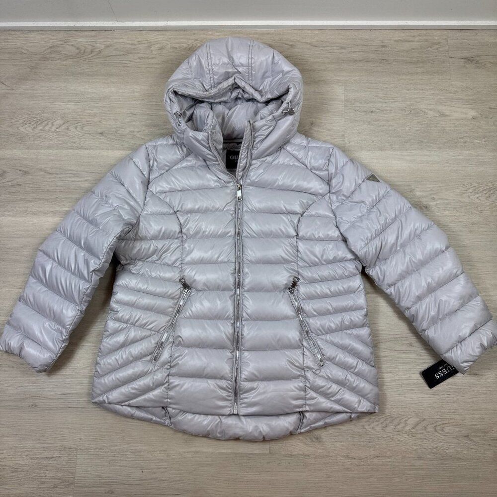 GUESS Quilted Puffer Jacket‎ Womens 1X Silver Midweight Hooded